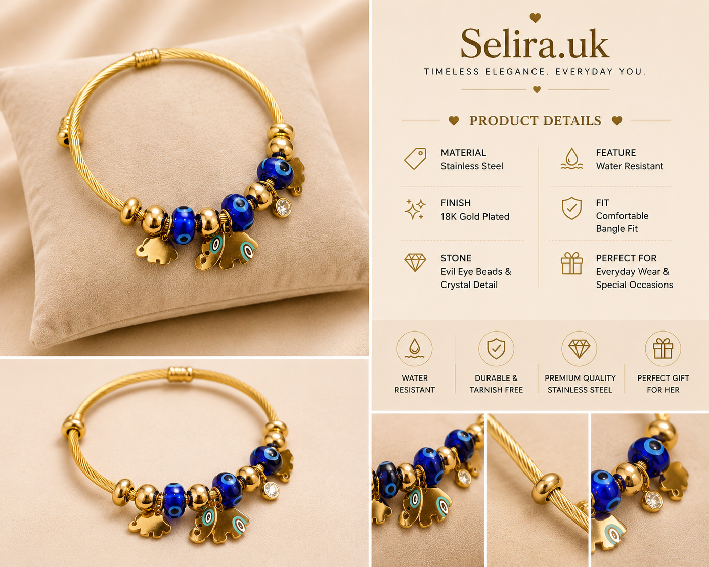 Selira Blue Evil Eye Charm Bracelet | Anti Tarnish Jewellery UK