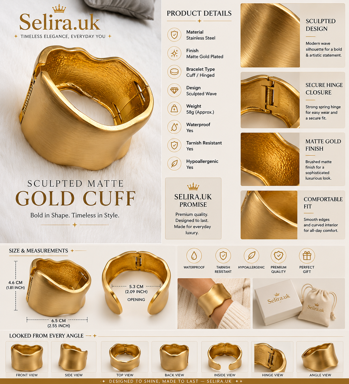 Selira Sculpted Matte Gold Cuff Bracelet